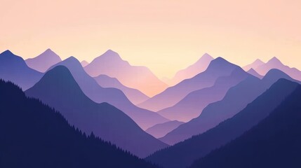Obraz premium Purple mountain silhouettes layered beneath a soft, pastel sky at dawn