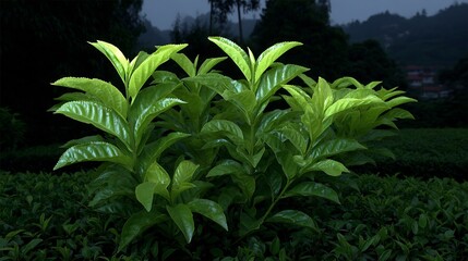 Luminous Tea Plants at Dusk with Serene Hillside Plantation.