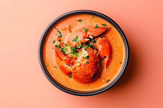 Lobster bisque in a dark bowl, topped with herbs.