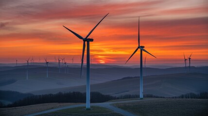 Obraz premium Ethereal Sunset Painting the Sky Above a Wind Farm on Hazy Undulating Hills