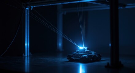 Miniature tank robot illuminated by blue light in a robotic research lab setting