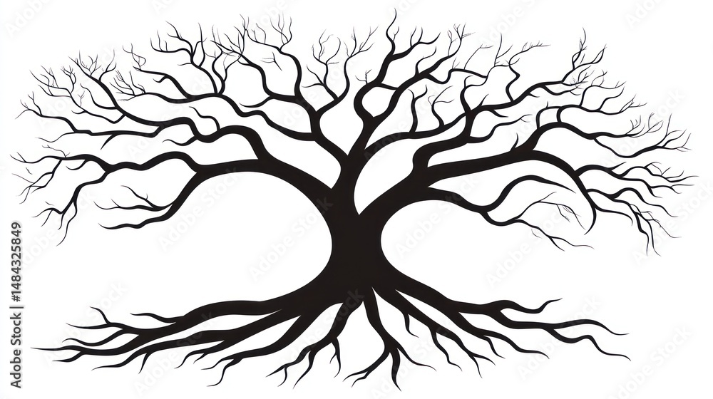 Poster silhouetted bare tree with extensive roots. a dark outline of a large, leafless tree, showing the in