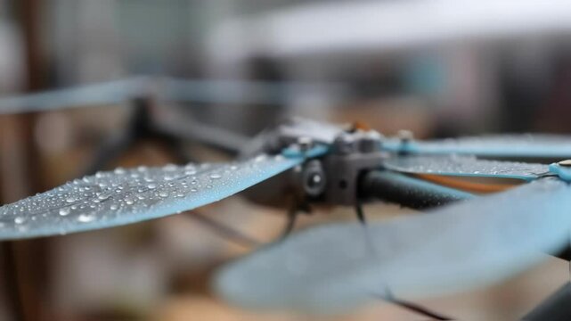 A closeup view of a dragonflyshaped microdrones propellers and weather sensors showcasing its design and technology aimed at tracking hyperlocal precipitation patterns in urban neighborhoods.