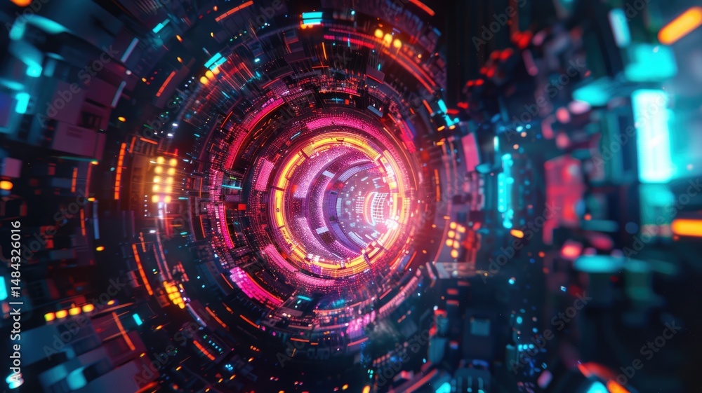 Poster abstract picture of mysterious geometric shape portal with digital style neon light glowing to leadi
