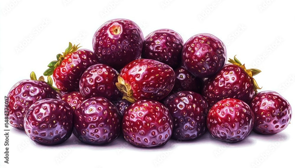Poster Fresh Red Strawberries Piled Together with Juicy Texture and Vibrant Color in a Studio Setting on a White Background