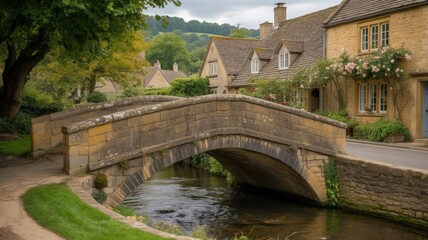Fototapeta premium Historic Stone Arch Bridge Spanning a Gentle River in a Quaint European Village Setting