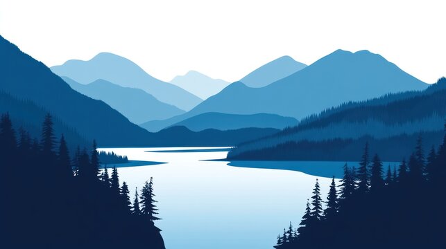 Silhouette view of a serene mountain lake scene.  Deep blue mountains and a winding river, lush forested hillsides