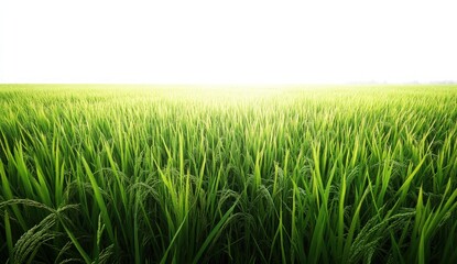 Obraz premium Lush Green Rice Field Under Bright Sky During Daylight, Natural Agriculture Landscape in Rural Area