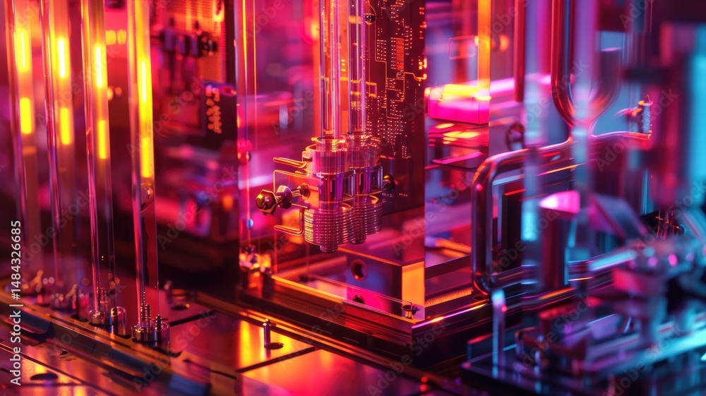 Poster futuristic circuit board with glowing red and gold lights. glowing neon light of electrical circuit.