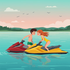 Couple on Jet Skis Enjoying Summer Vacation at Lake Scene