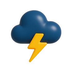 Dark blue cloud with yellow lightning bolt in 3D cartoon style, weather thunderstorm icon png
