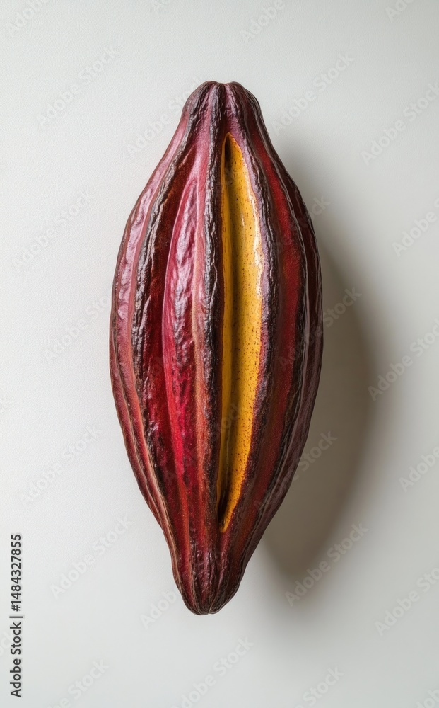 Poster detailed close-up of a vibrant cocoa pod showcasing its unique shape and rich colors on a neutral ba