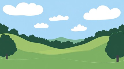 Obraz premium Gentle hills, lush green fields, clear blue sky, fluffy clouds. Simple, serene countryside scene