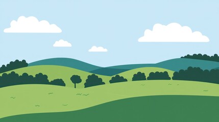 Scenic, rolling hills landscape, soft colors. Lush green meadows and forests meet a pale sky