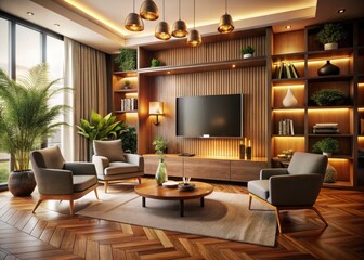 Modern Living Room Interior Design: Cozy Chairs, Sleek TV, Wooden Shelves - 3D Render
