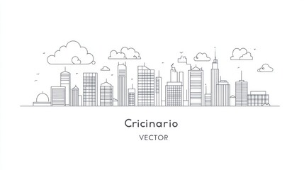 Minimalist city skyline outlined against a white background with fluffy clouds above