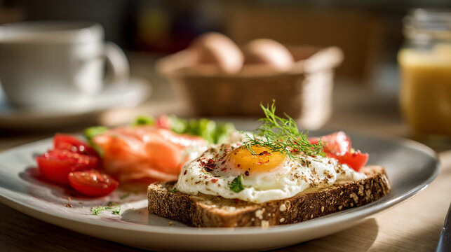 Healthy breakfast ideas: egg on toast with salmon and tomatoes for a nutritious morning meal start 