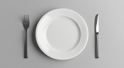 Simple place setting white plate, fork, knife