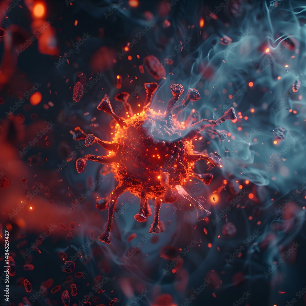 Poster abstract representation of microorganisms in a fiery orange and red environment