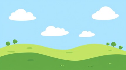 Obraz premium Cartoon landscape features a sunny day with rolling green hills and puffy white clouds