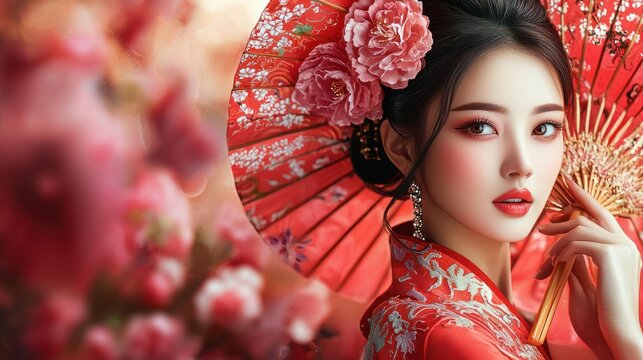 A beautiful Asian woman in traditional red and white kimono holding a red parasol with pink flowers, surrounded by cherry blossoms in a vibrant, colorful setting.