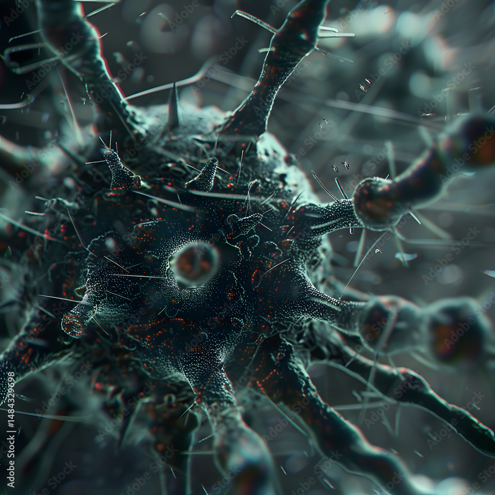 Poster dark and moody representation of a virus or bacteria with textured surface