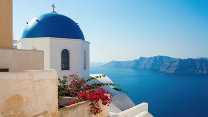 Serene Blue-Domed Church Overlooking the Sunlit Aegean Sea and Caldera Vista in Greece