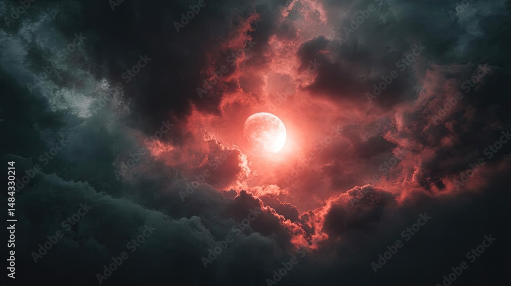 Poster Red moon behind black clouds in dark abstract sky concept. A dramatic sky lit by a red moon surrounded by dark clouds.