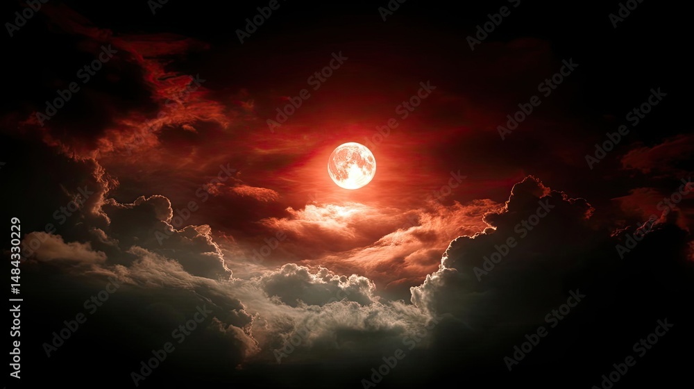 Aufkleber red moon behind black clouds in dark abstract sky concept. a captivating red full moon illuminating 