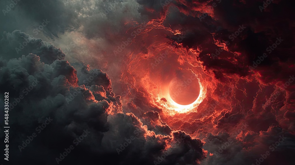 Aufkleber red moon behind black clouds with abstract fire and smoke concept. stunning view of a solar eclipse 