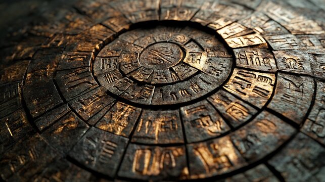 Ancient Stone Disc: Intricate Spiral Carvings in Mysterious Golden Hues