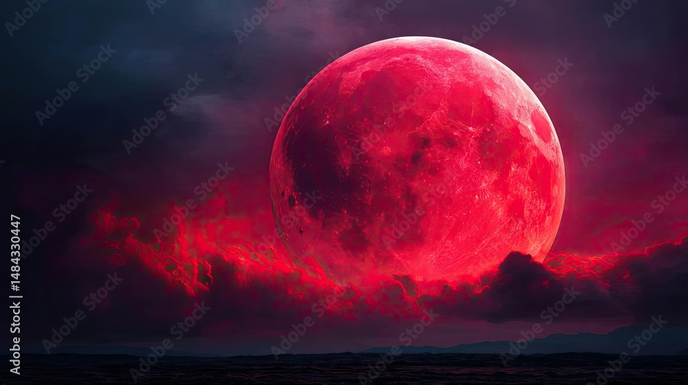 Poster red moon behind black clouds with abstract fire and smoke concept. a breathtaking view of a red moon