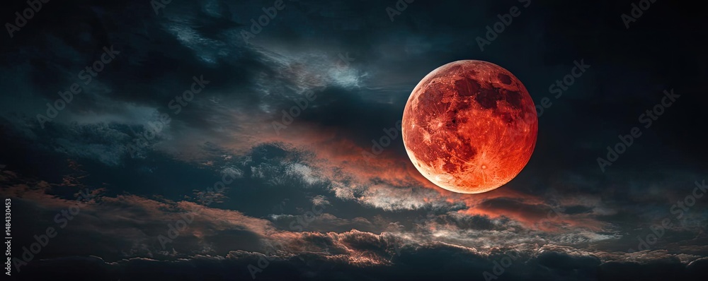 Aufkleber red moon behind black clouds in dark abstract sky concept. a stunning view of a red moon against a d