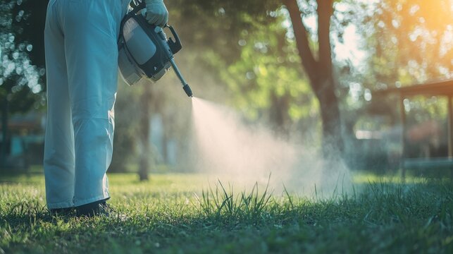 Outdoor healthcare worker using portable fogging machine spraying chemical to eliminate mosquitoes in overgrown public area, representing disease control, public sanitation  vector prevention efforts.