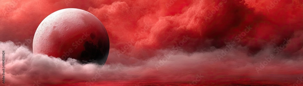 Poster red moon behind black clouds in dark abstract sky concept. a dramatic sky with red clouds and a glow