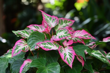 Close up of a caladium plant with pink, green, and white variegated leaves