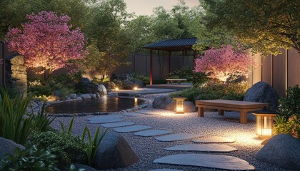 A serene stone pathway with bamboo, cherry blossoms, and lanterns by a pond 1. Generative AI