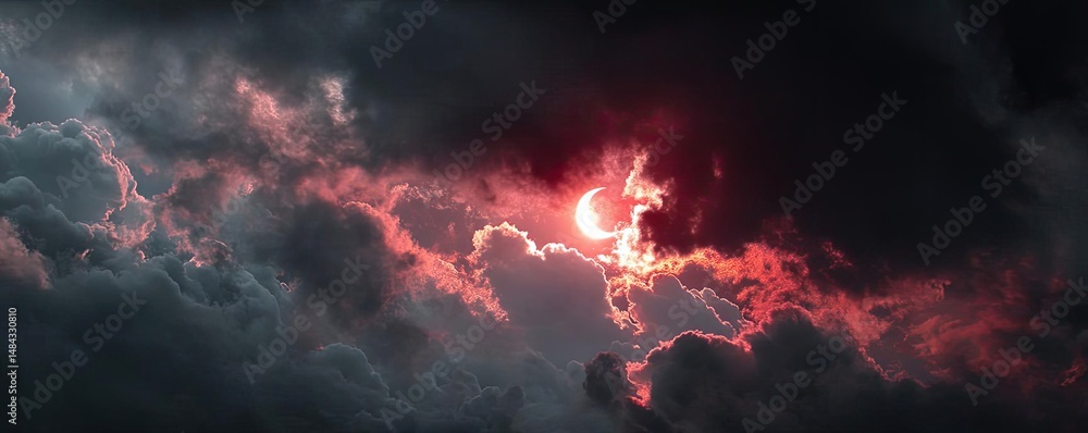 Poster red moon behind black clouds with abstract fire and smoke concept. dramatic sky with swirling clouds