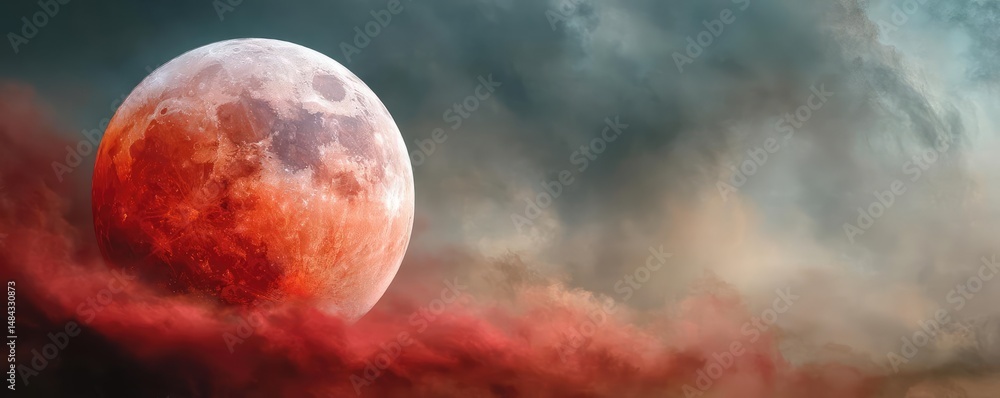 Aufkleber red moon behind black clouds in dark abstract sky concept. a stunning view of a blood moon illuminat
