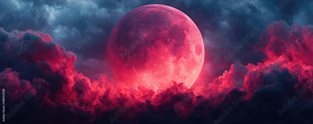 Poster Red moon behind black clouds at night with abstract fire concept. A captivating view of a red moon illuminating stormy clouds.