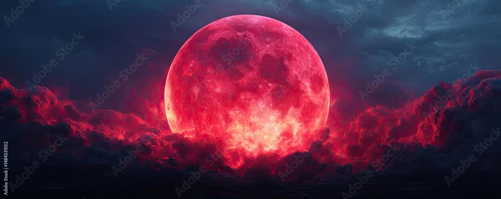Poster red moon behind black clouds at night with abstract fire concept. a stunning red moon illuminated ov