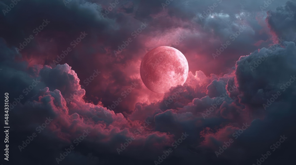 Poster red moon behind black clouds in dark abstract sky concept. a stunning scene of a pink moon surrounde