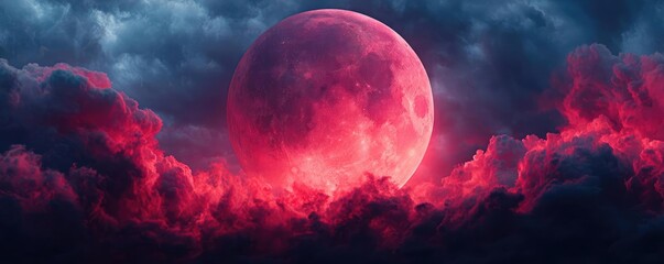 Naklejka premium Red moon behind black clouds at night with abstract fire concept. A captivating view of a red moon illuminating stormy clouds.