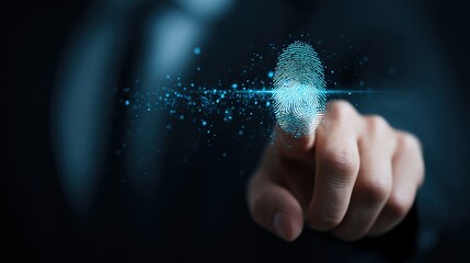 Businessman using fingerprint indentification for financial security Cybernetics and security. Fingerprint scanning and biometric authentication in business E-KYC innovation, Personal data privacy.