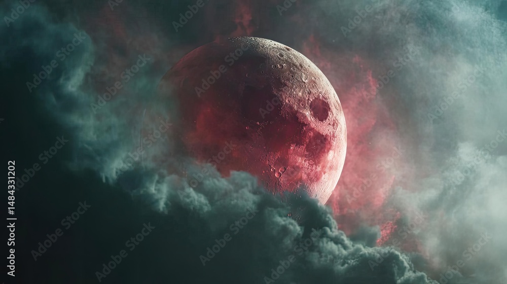 Poster red moon behind black clouds with abstract fire and smoke concept. a mystical night sky with a red m