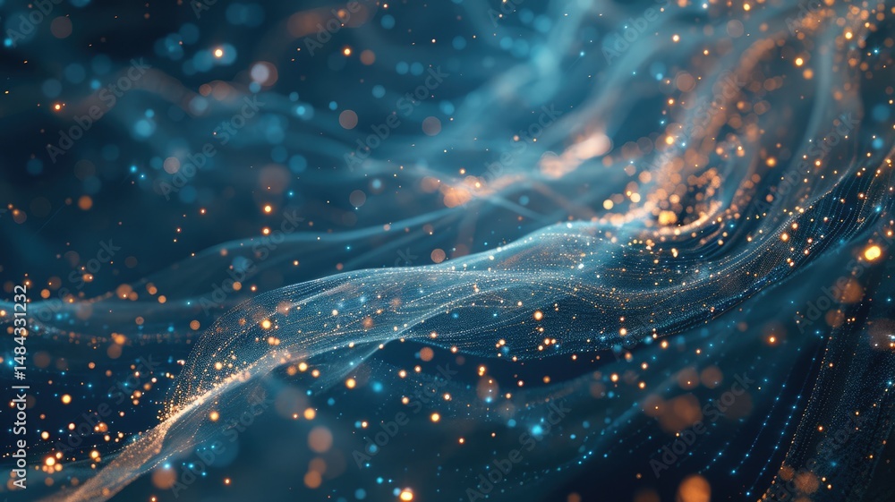 Poster abstract picture micro light sparkling particle represent data flow vivid flowing wave with high tec