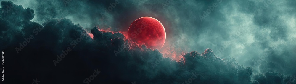 Aufkleber red moon behind black clouds at night with abstract fire concept. a dramatic view of a red moon emer