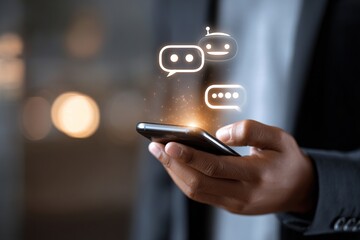 Businessman using AI chatbot conversation assistant in app on device for virtual assistance and customer support digital communication, Contact us Online service with AI Chatbot for efficient support.