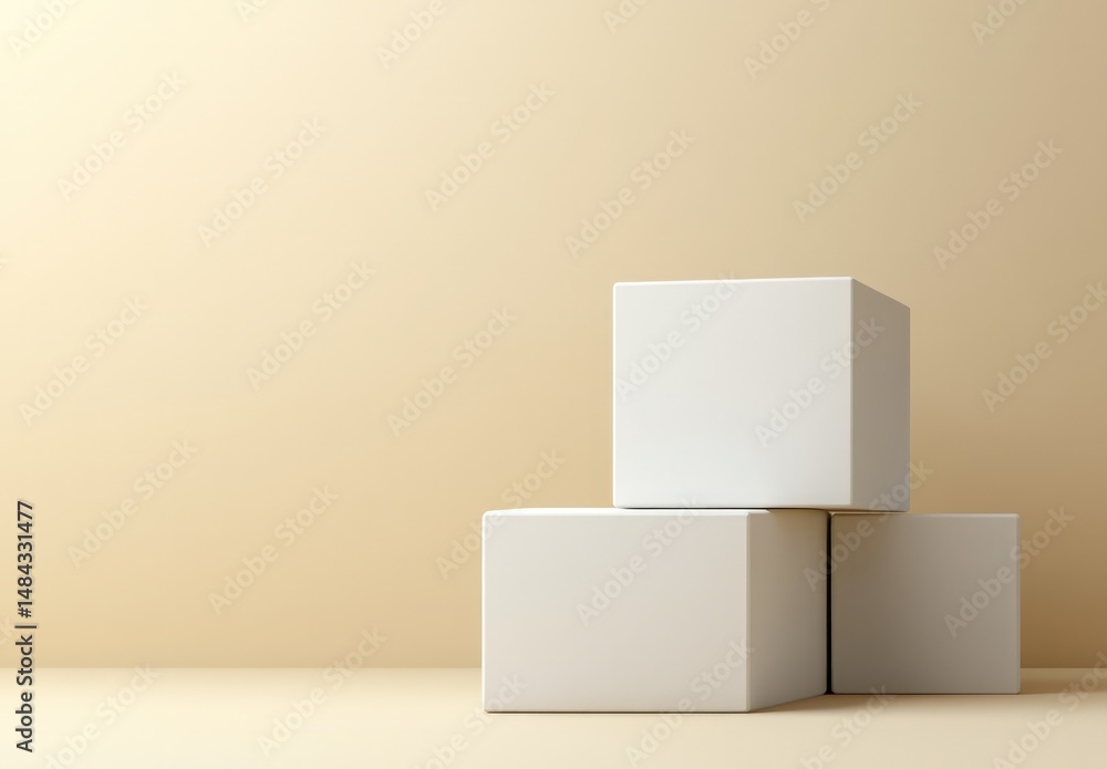 Poster minimalist composition of three white cubes on a soft beige background in a modern studio design