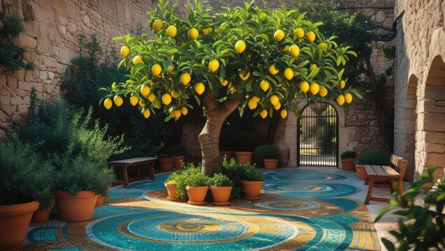 Mediterranean courtyard with lemon tree, mosaic floor, and stone walls.
